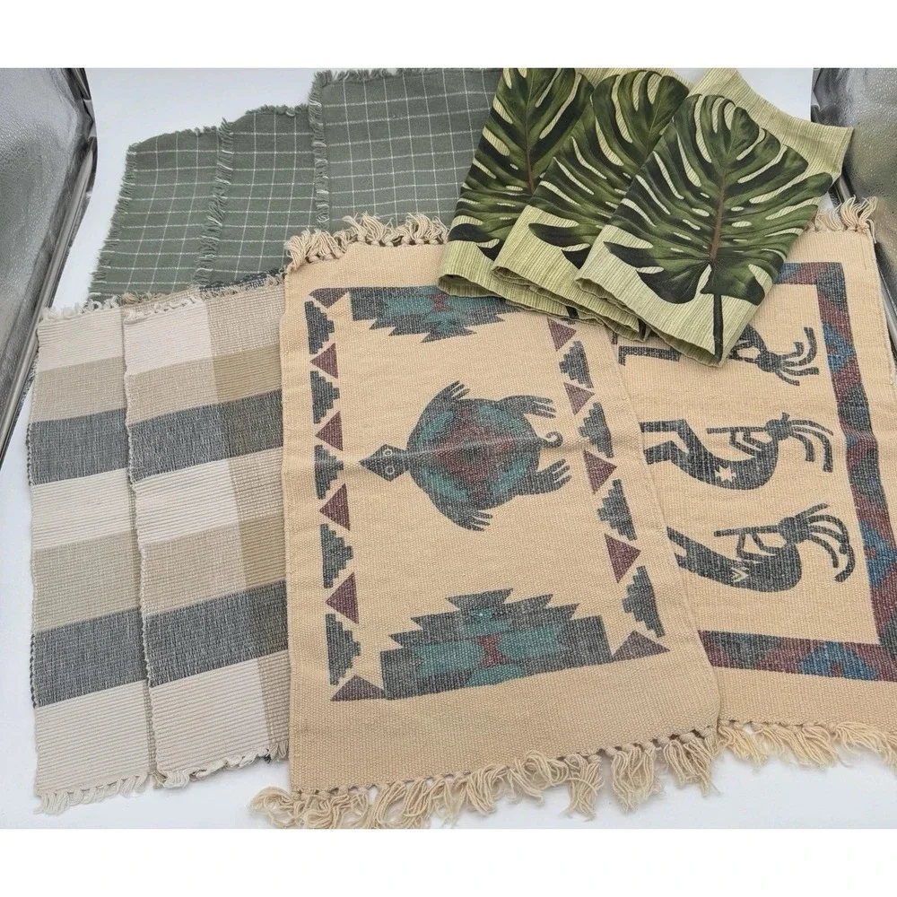 Vintage 90s Placemats Lot Of 10 Southwestern Monstera Plaid‎ Cotton Table
